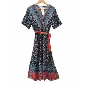 GLM Floral V-Neck Midi Dress Womens Sz S Black Red Rayon Tie Waist Flowy Boho